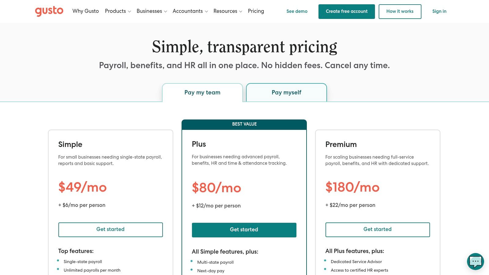 Gusto pricing tiers including Simple, Plus, and Premium plans