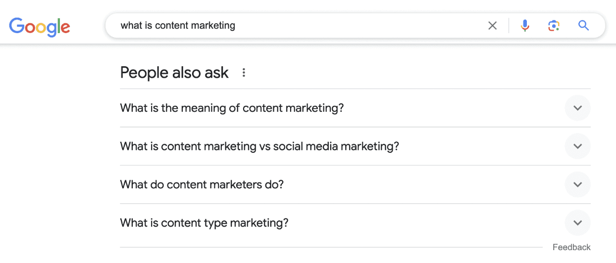 screenshot og Google search bar showing a query that reads: what is content marketing. The screenshot shows the "people also ask" SERP and questions below.