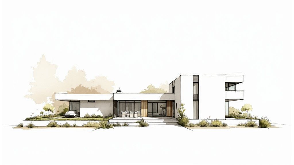 Architectural sketch of a modern minimalist house with a car, outdoor seating, and landscaping.