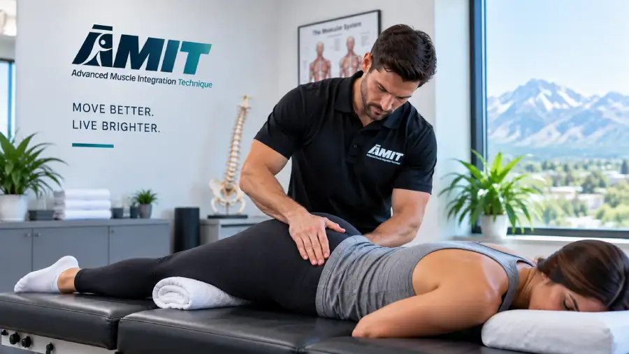 Chiropractor performing soft tissue therapy for piriformis-related sciatica.