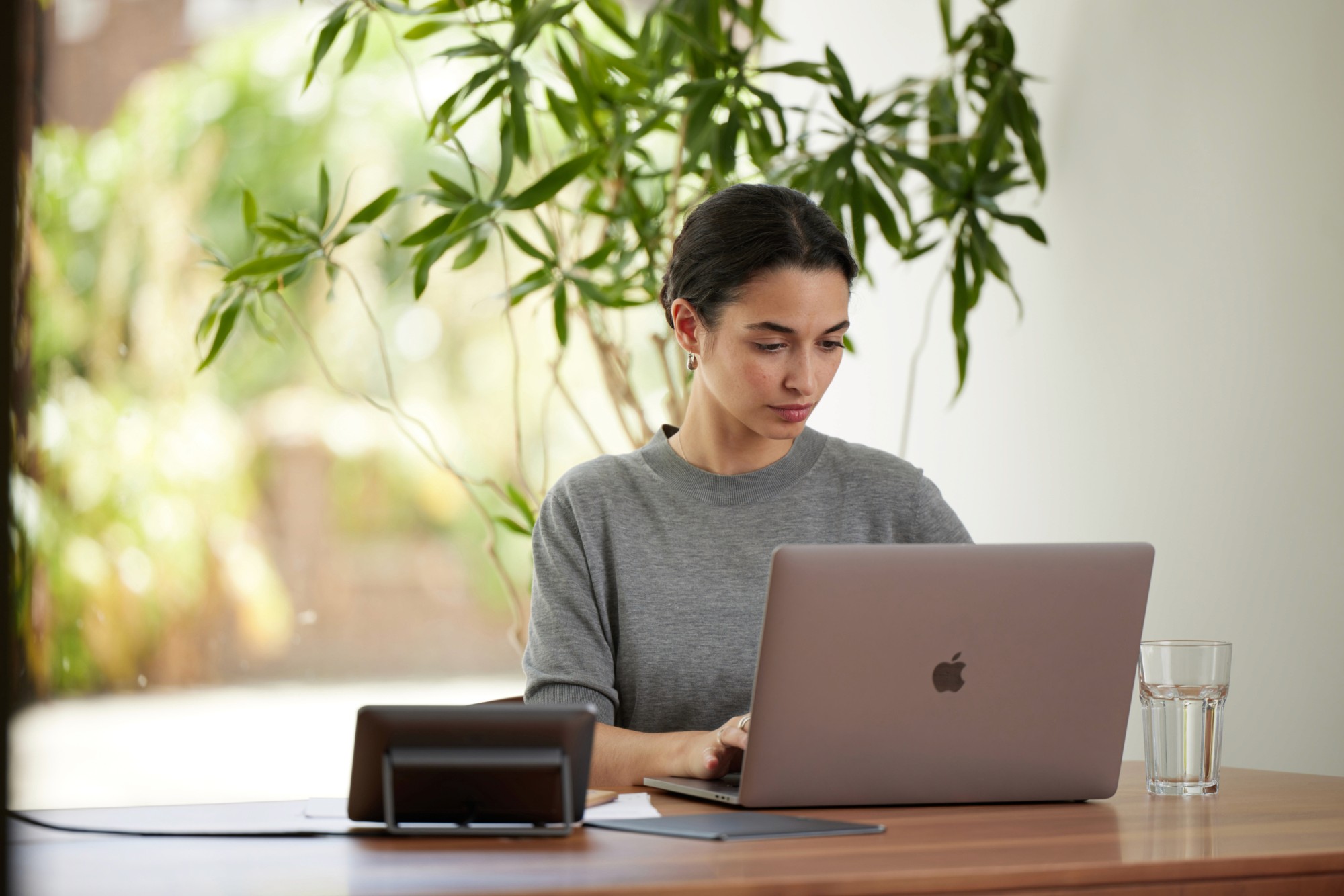 A woman working on a laptop at a desk surrounded by large tropical plants in a bright, airy space