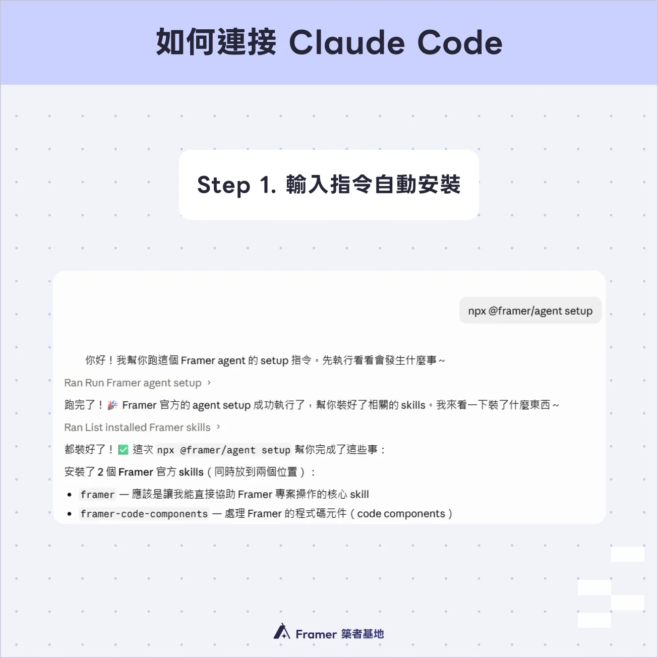 在 Claude Code 輸入 npx @framer/agent setup 指令,安裝 Framer 官方 Skills 的操作截圖