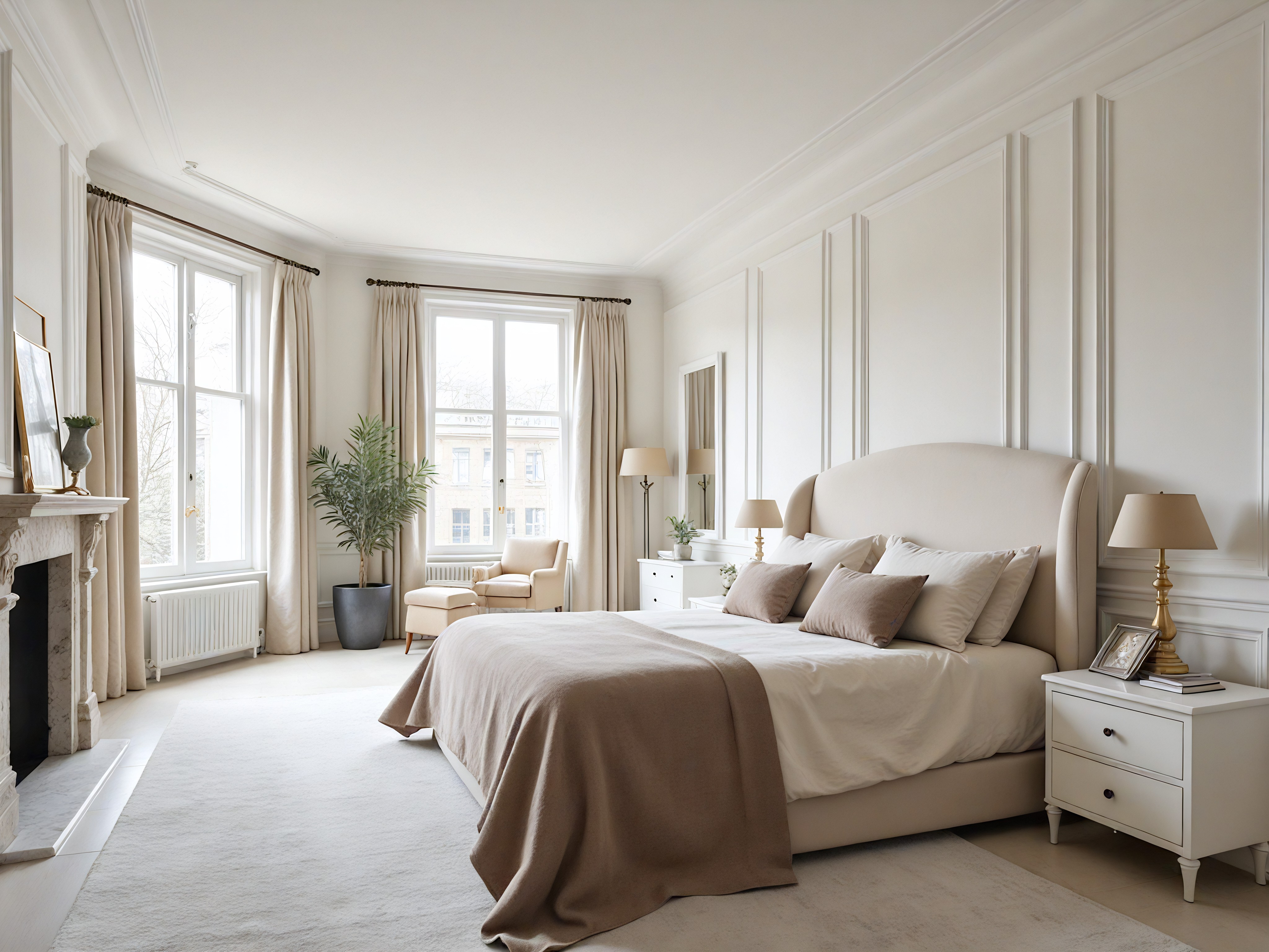 A classic European-style bedroom with ornate ceiling moldings and white paneled walls is shown. A large window on the far wall looks out on green foliage. A large, green upholstered, winged bed is against the wall on the left, which has a two-panel grey and white painting hanging directly above the bed. The bed features light sage green pillows and bedding as well as a small, green upholstered bench at the foot. A sage green knitted throw blanket is at the lower end. On either side of the bed are small, wooden bedside tables, both with lamps with beige-colored shades. The left bedside table has a stack of three small drawers. A larger rug in a shade of grey sits in front of the bed on the grey and white marble-patterned flooring. To the right, against the right wall, are floor-to-ceiling cream cabinets with gold-colored T-bar style handles. A dark grey pot with a green, leafy bush inside is near the corner and next to the window. In front of the window is a white radiator.