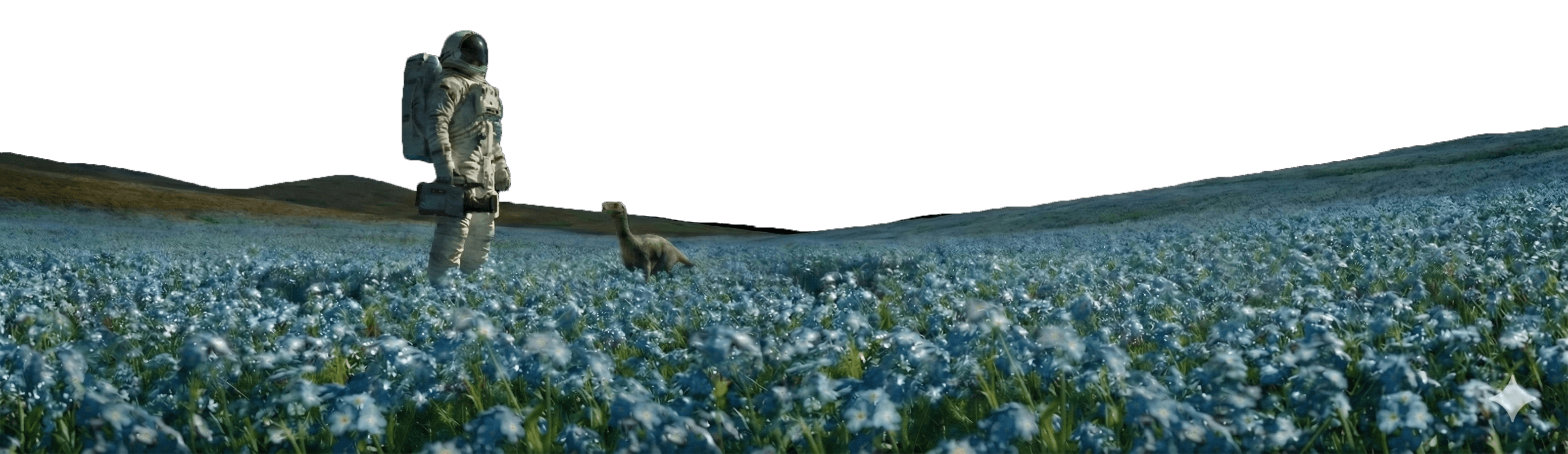 Spaceman in outer planet holding Film camera with dinosaur present.