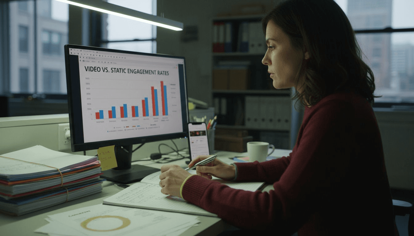 Analyst reviewing video versus static ads