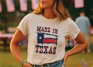 Product photography and online apparel storefront for a Texas-themed e-commerce website.