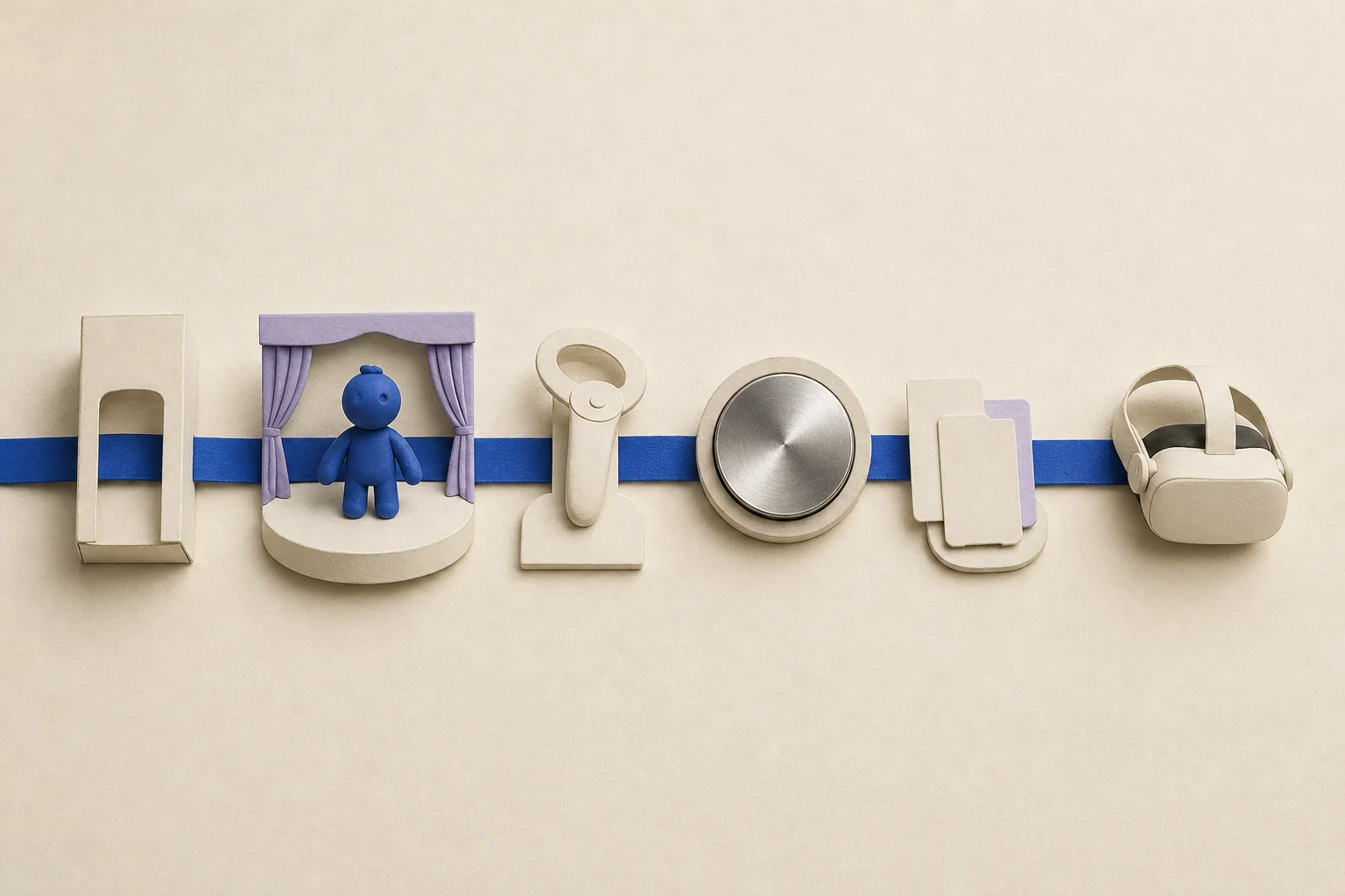 Five miniature test stations for deployment, character performance, input, frame budget and content updates connect to an off-white VR headset along one cobalt ribbon.