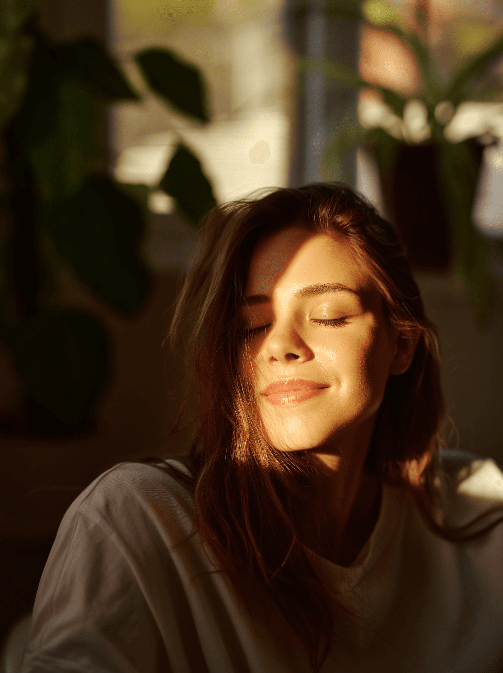 Woman with eyes closed sitting in sunlight