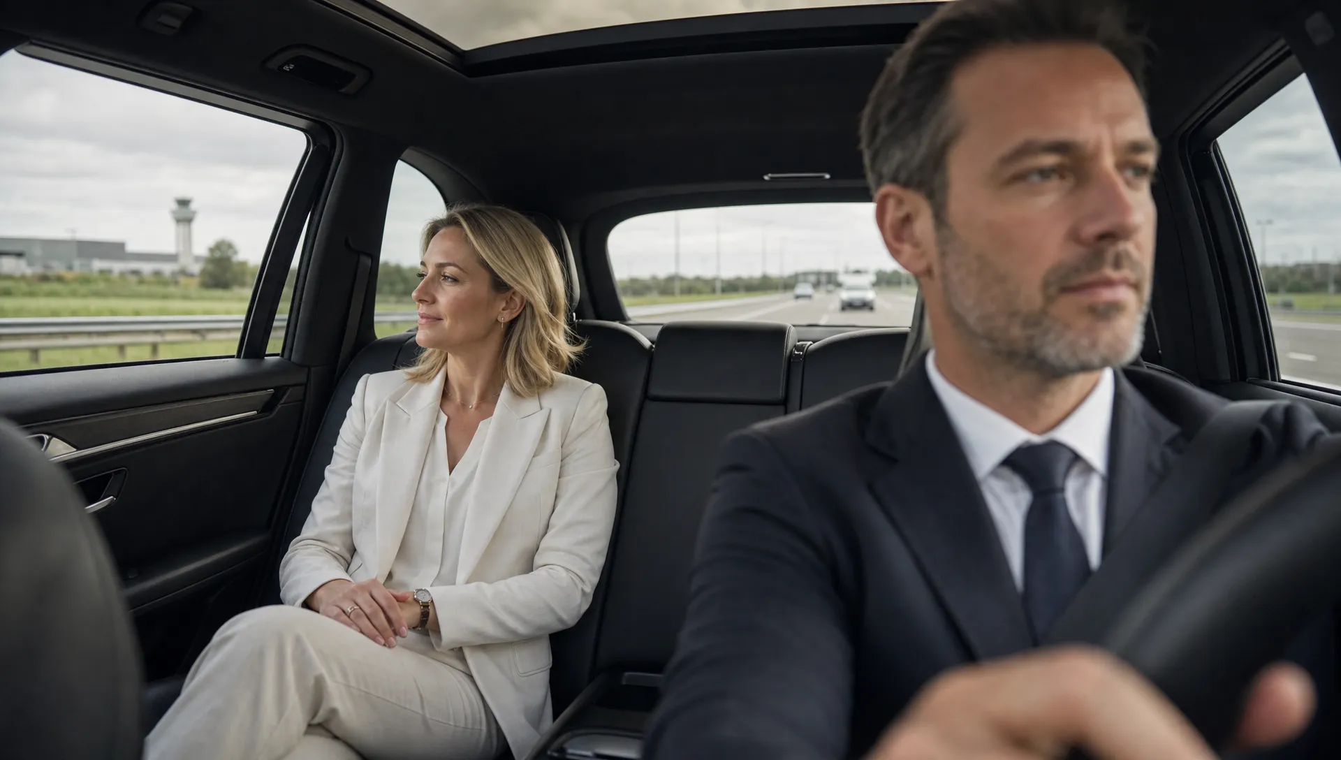 Een vrouwelijke executive zit ontspannen achterin een premium auto, terwijl een mannelijke chauffeur voorin geconcentreerd rijdt. Buiten het raam is een rustige snelweg richting de luchthaven zichtbaar, zonder teksten of logo's.