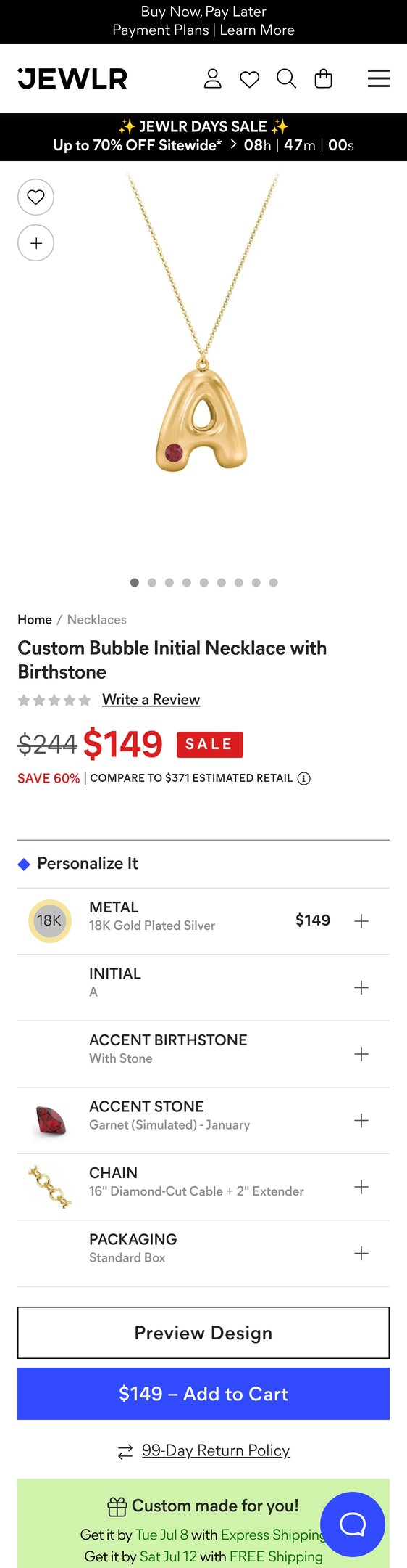 Jewelry product options include: necklace, birthstone for 18K Gold Plated Silver Custom Bubble Initial Necklace with Birthstone and Garnet (Simulated) Stone from Jewlr.