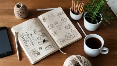 Flat-lay of creative hobby tools including a sketchbook with drawings, colored pencils, yarn, a cup of coffee, a smartphone, and potted plants on a wooden table in natural tones.