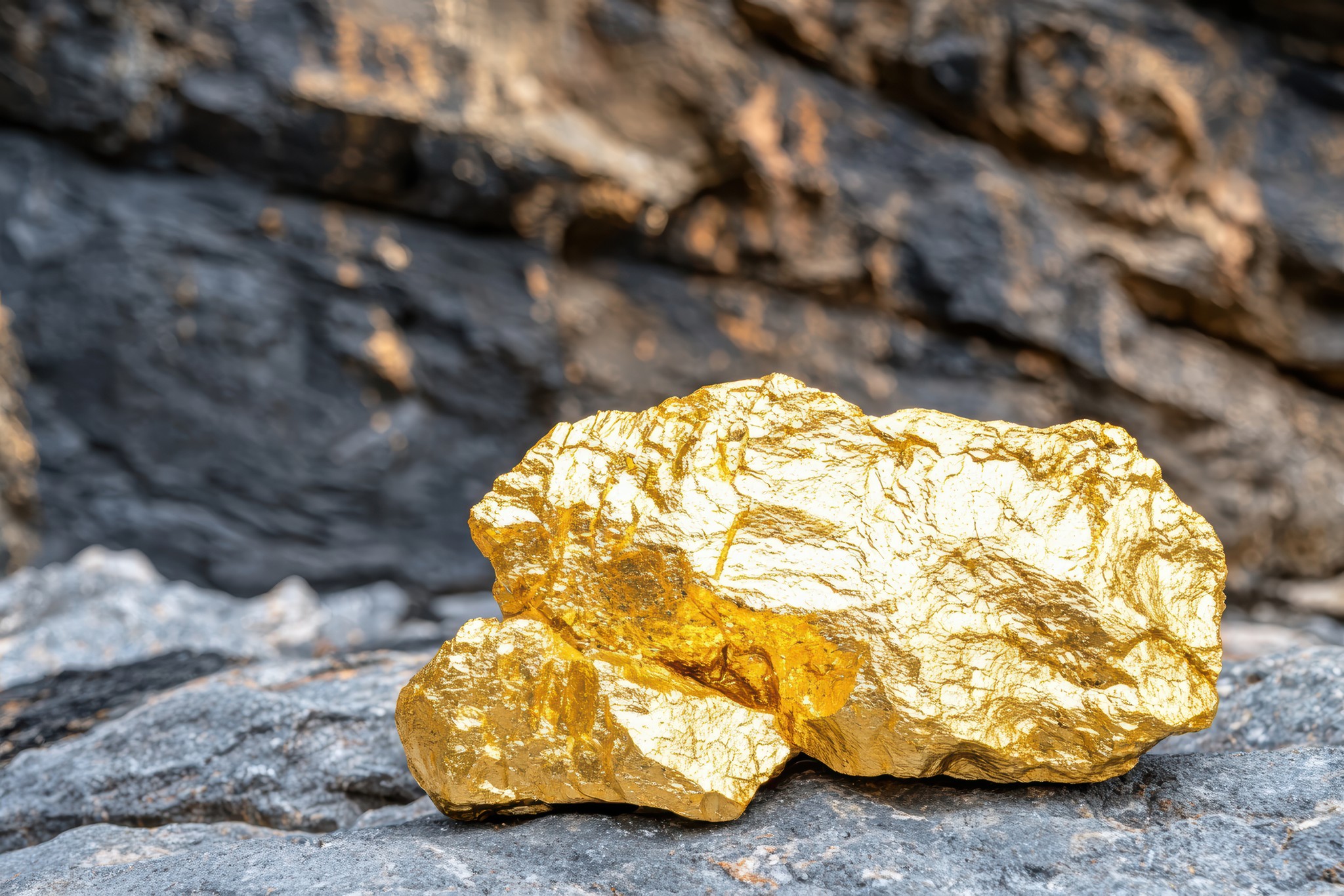 A large, bright metallic gold nugget rests on a rough, dark grey rock surface. The nugget is highly textured with a glittering, uneven surface that catches the light. In the softly blurred background, a dark, rocky cliff face rises up, creating a sharp contrast with the vibrant yellow-gold of the nugget in the foreground.