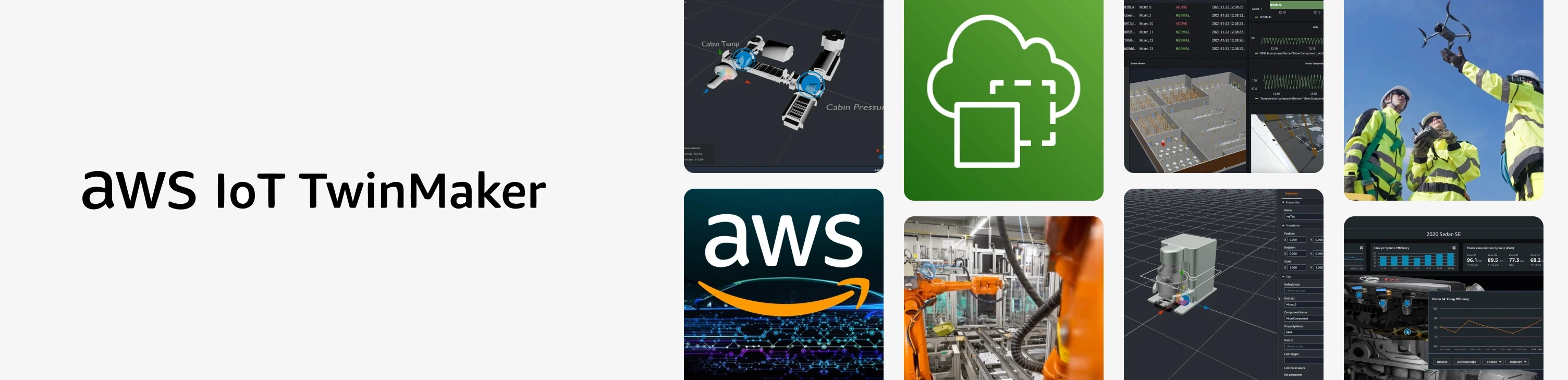 AWS IoT TwinMaker logo beside screenshots of 3D scene composition, asset dashboards and equipment monitoring views built on the service