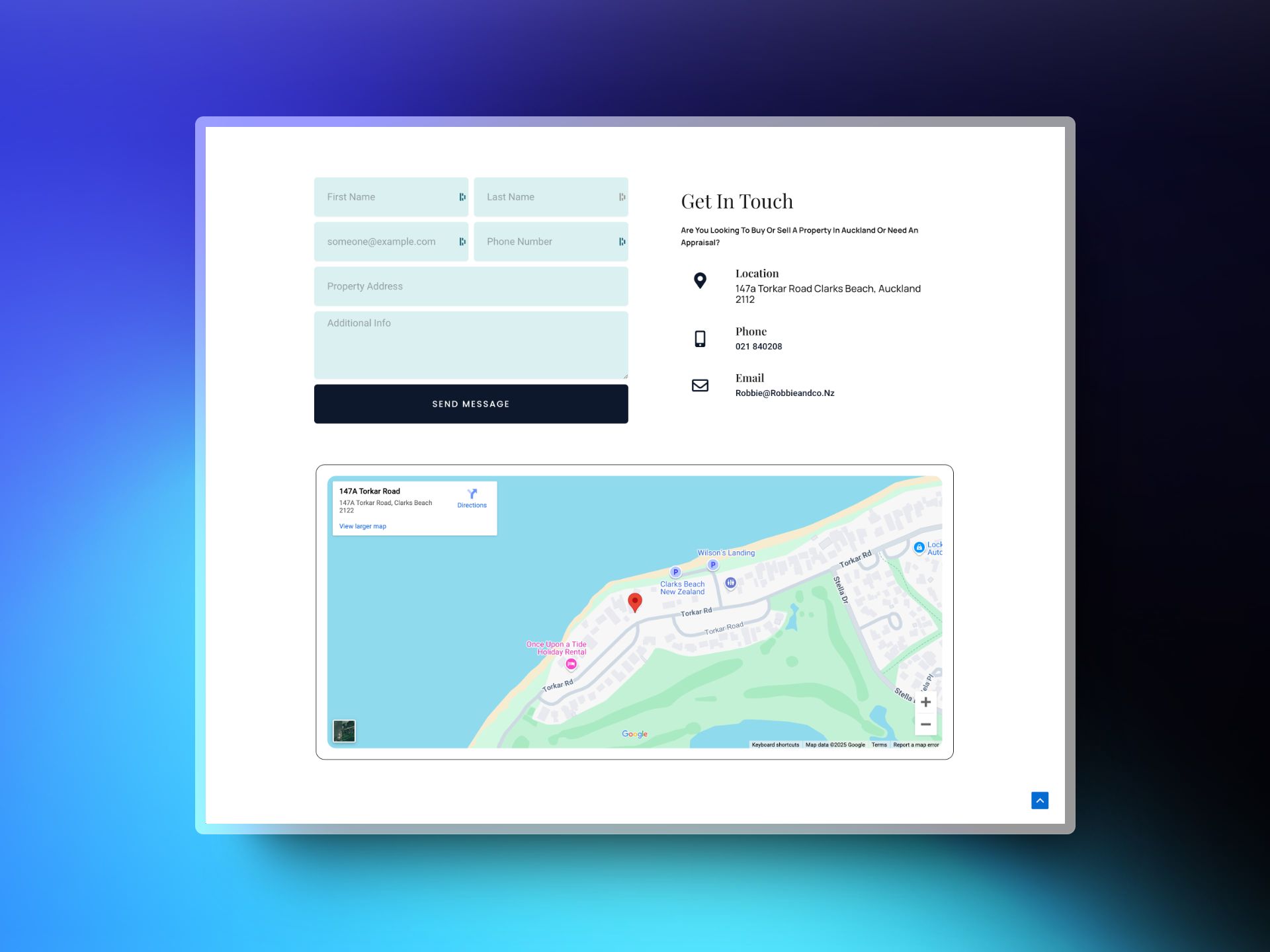 Contact form and location map for Robbie & Co Property at 147a Torkar Road, Clarks Beach, Auckland 2112