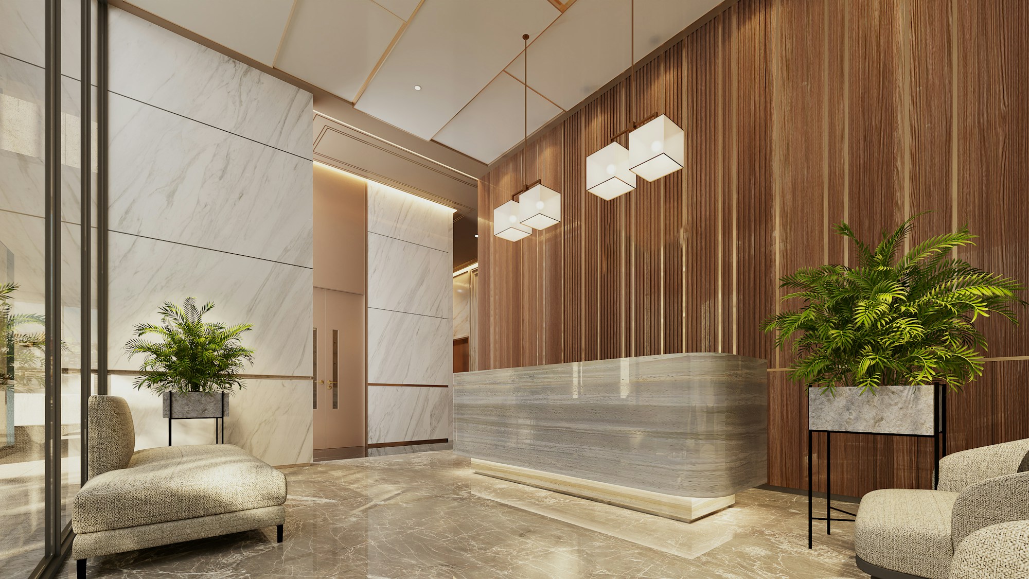 Premium commercial lobby with illuminated architectural details