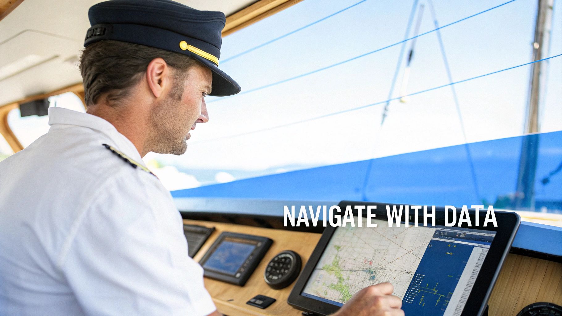 A ship captain using detailed charts and weather data to navigate the open sea, symbolizing data-driven decision making