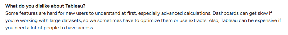Tableau user review mentioning learning curve, performance limits, and scaling costs
