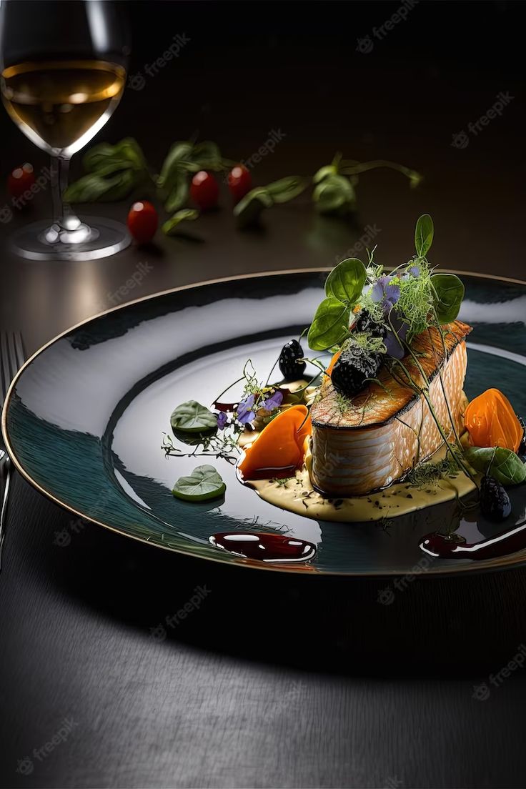 Michelin style dish with salmon, edible flowers, and artistic plating, reflecting the elevated craftsmanship that defines quiet luxury at Dhoom Toronto.