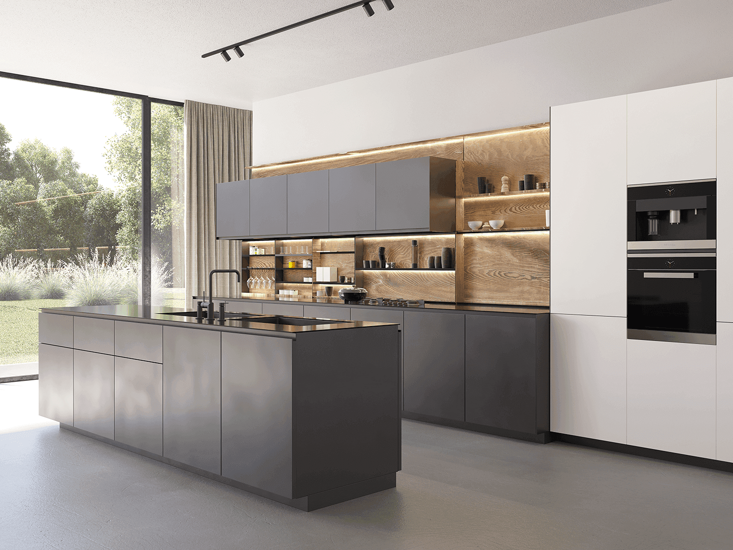 A sleek, minimalist kitchen with gray and white cabinetry, integrated appliances, and open shelving with wood paneling. A large island with a black countertop sits in the center, complemented by floor-to-ceiling windows that overlook a lush garden.