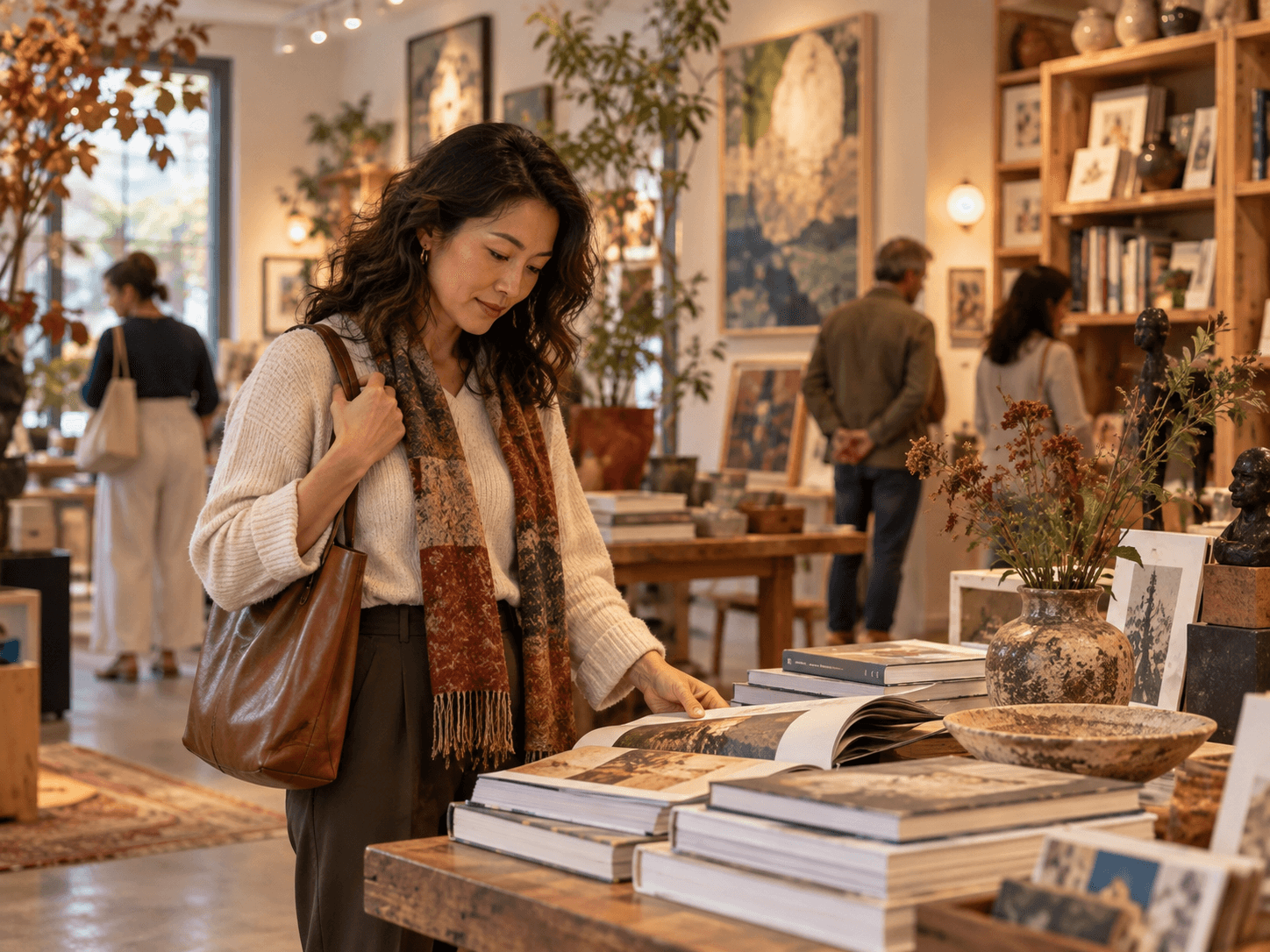 Asian woman browsing books in a warm independent bookstore