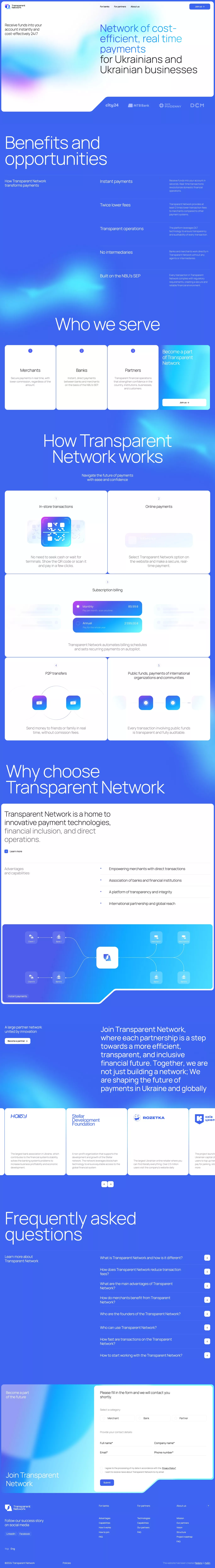 Real time payments 24/7 with Transparent landing page screenshot showcasing Tech and Finance design