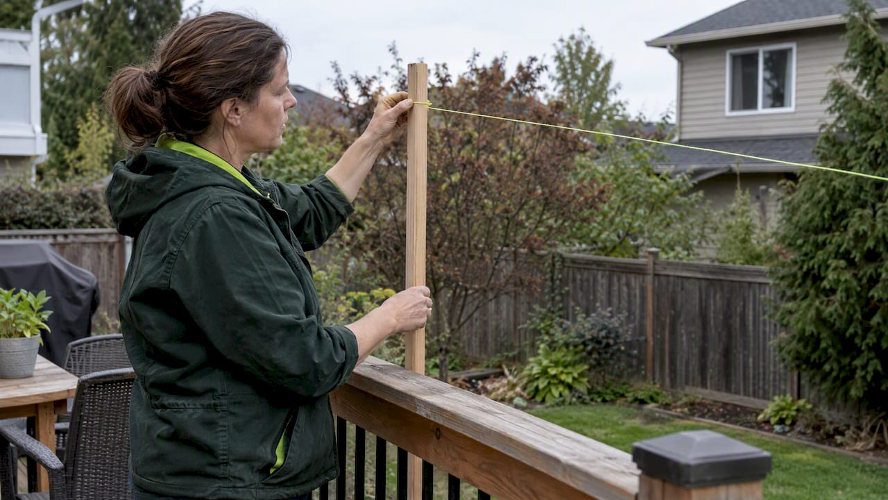 Homeowner testing screen height with stakes and string