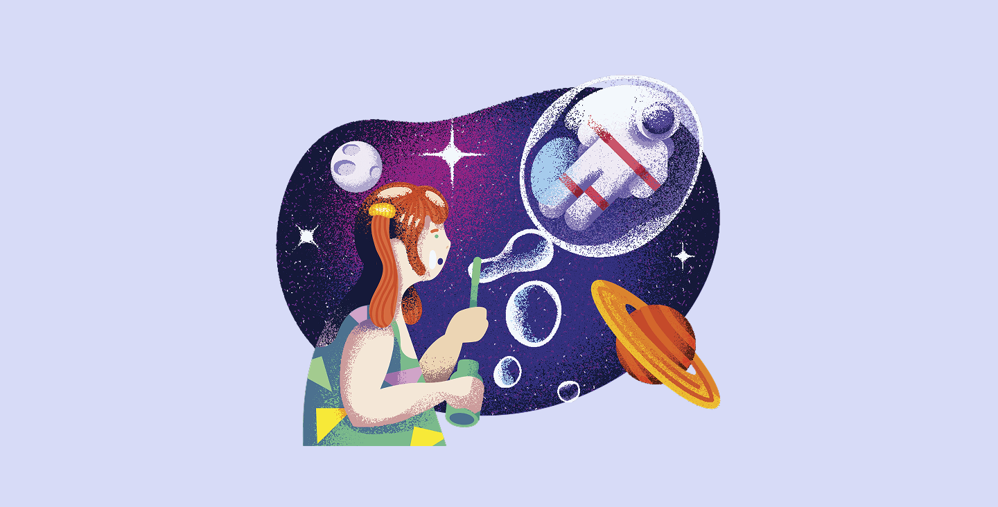 Girl blowing bubbles with space themes: astronaut, planets, and stars.
