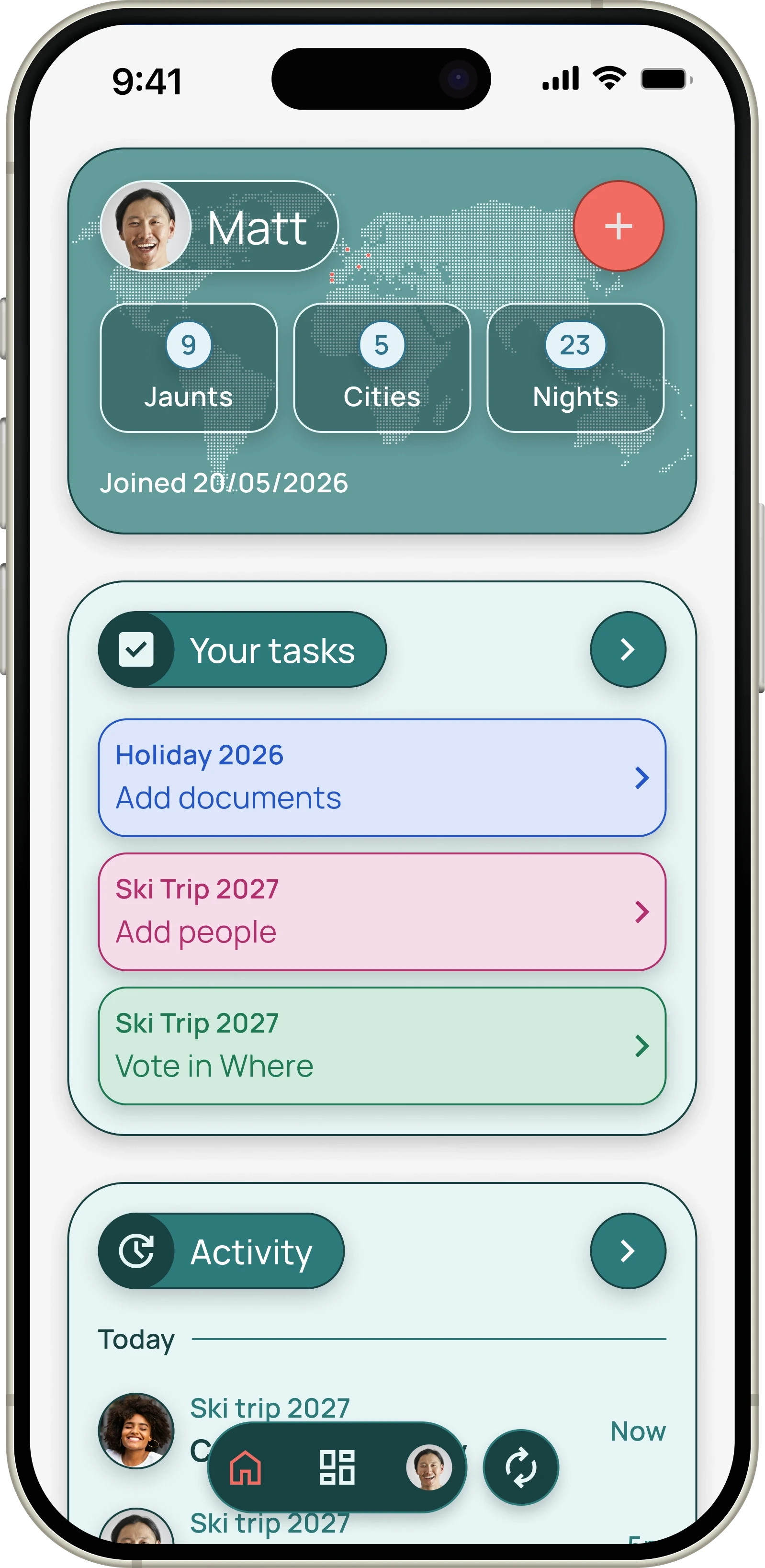 Jaunt app home screen with trip stats, your tasks and recent activity