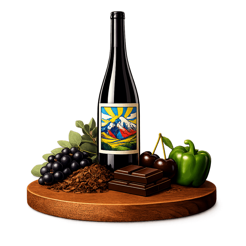 Artistic label and flavor profile for Chilean Maipo Valley Red on a rustic wooden table.