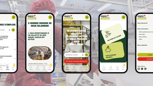 Montage de plusieurs captures d'écran du site mobile de recrutement d'AgroMousquetaires, présentant les offres d'emploi, les raisons de rejoindre le groupe et les avantages. En arrière-plan, une photo floue d'une usine agroalimentaire.