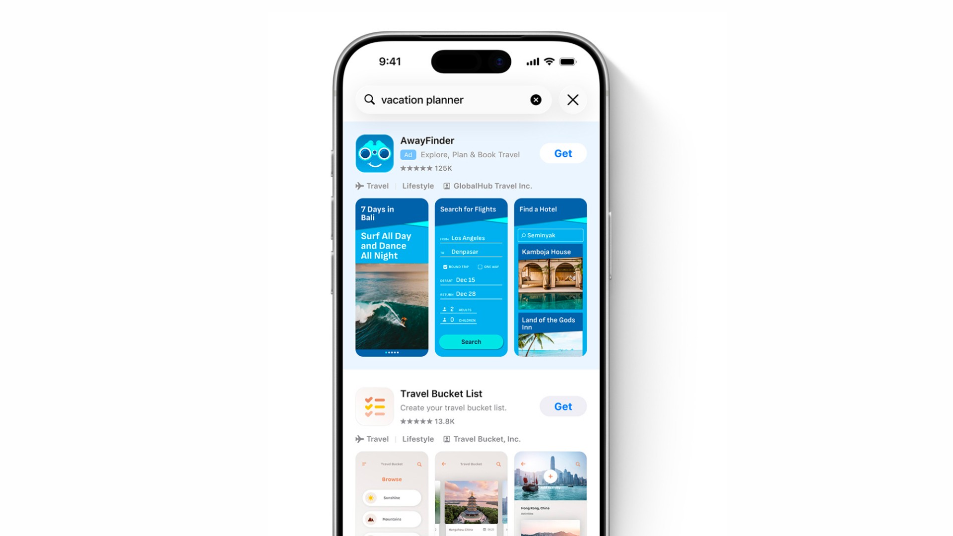 iPhone mock up showing a screenshot of App Store search result with an Apple Ad at the top