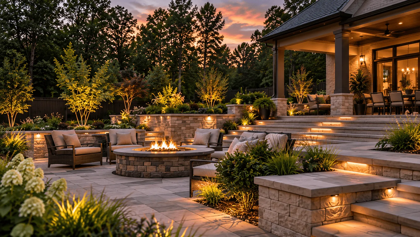 Fire Terrace in Suffolk: paver terrace with a round fire pit, seat walls and lit steps at sunset
