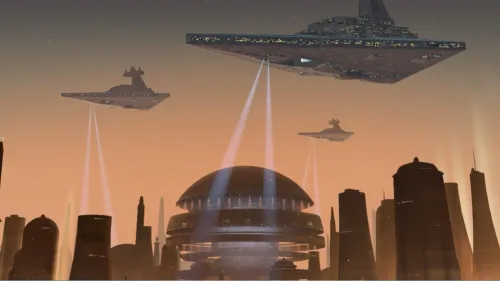 Giant Star Destroyer ships flying over a city with serachlights shining from the ships down to the city below