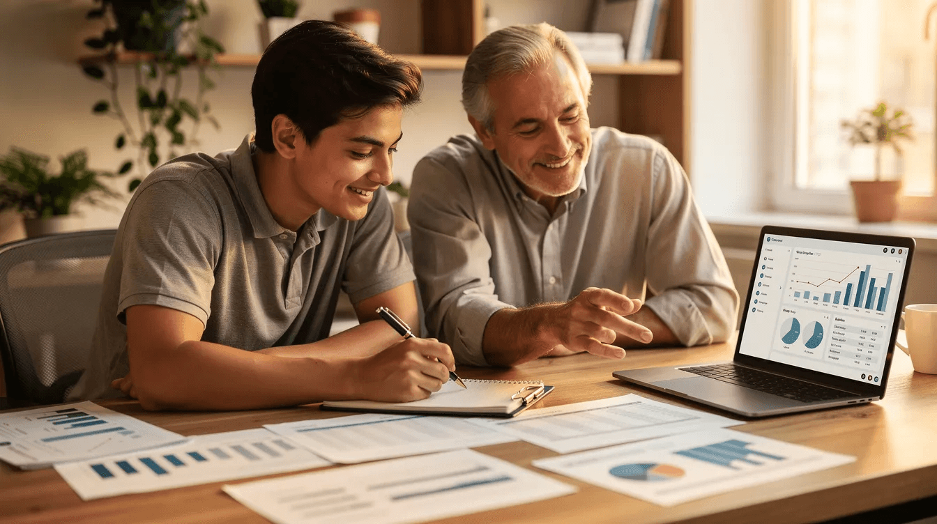 A young adult and an older mentor are seated at a desk, collaboratively reviewing financial documents in a warm atmosphere that fosters effective family governance. This scene highlights the importance of family communication and collective decision-making as they discuss strategies for managing the family's wealth across multiple generations.