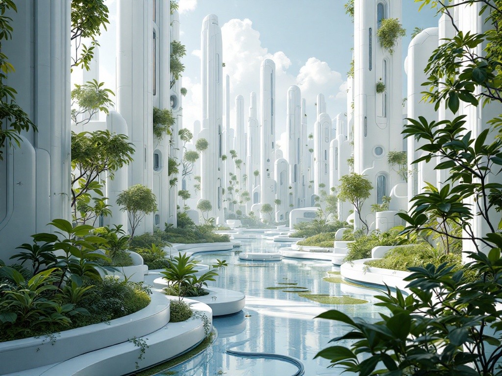 Futuristic city with white buildings and lush greenery