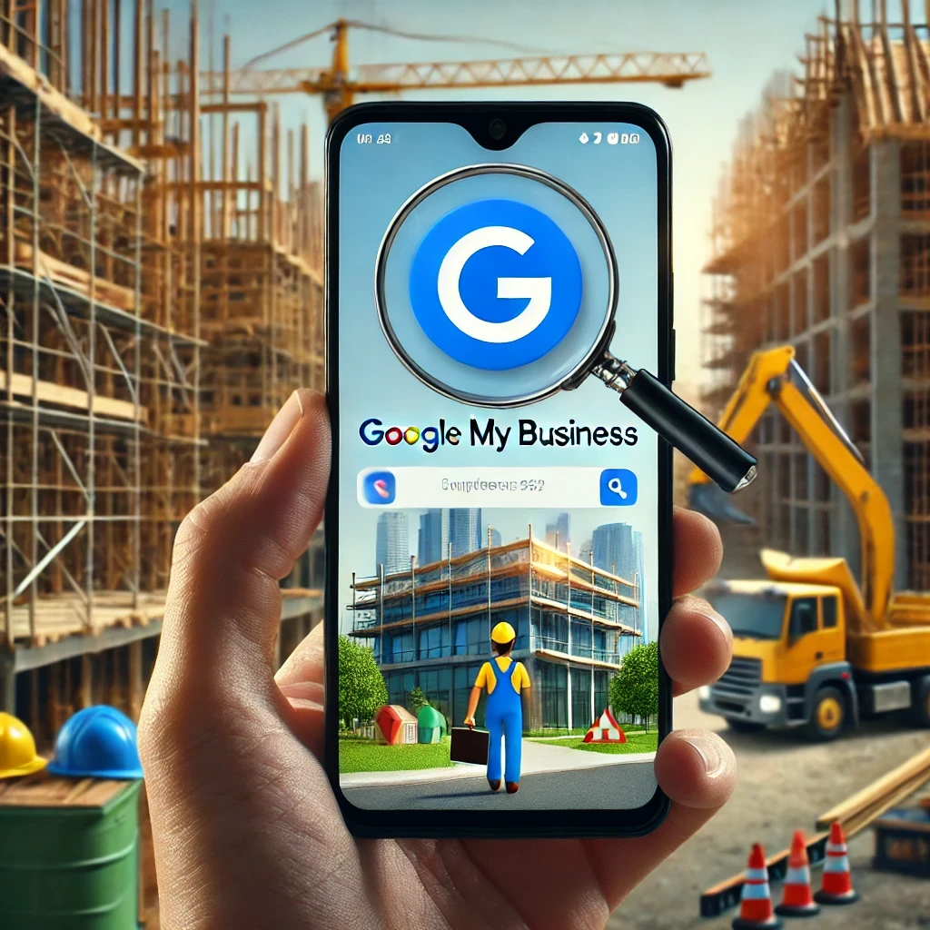 Une fiche Google My Business affichée sur un smartphone avec un chantier de construction en arrière-plan, illustrant le SEO local pour les entreprises du BTP.Optimiser Google My Business pour améliorer le SEO local des entreprises du BTP