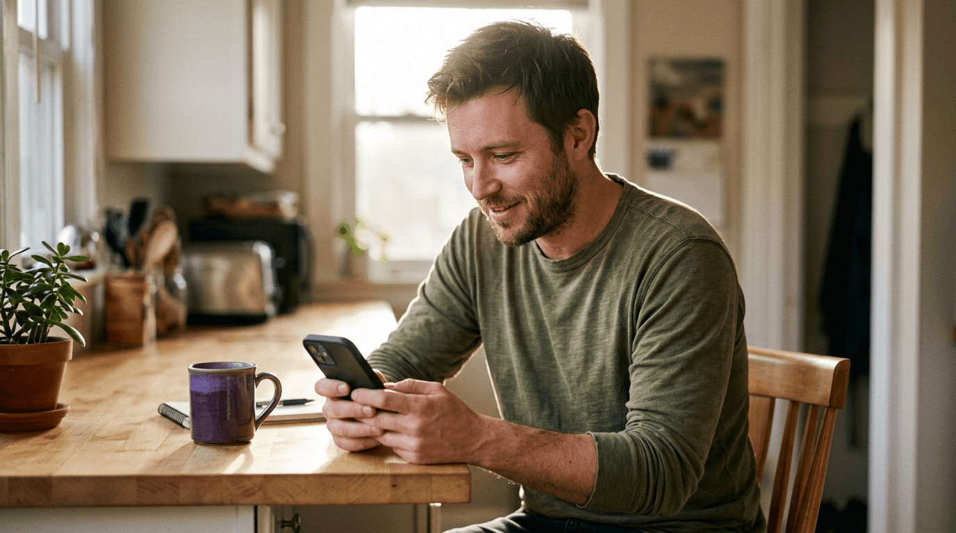 A person at home reading an answer on their phone, representing the everyday audience now asking AI tools about brands