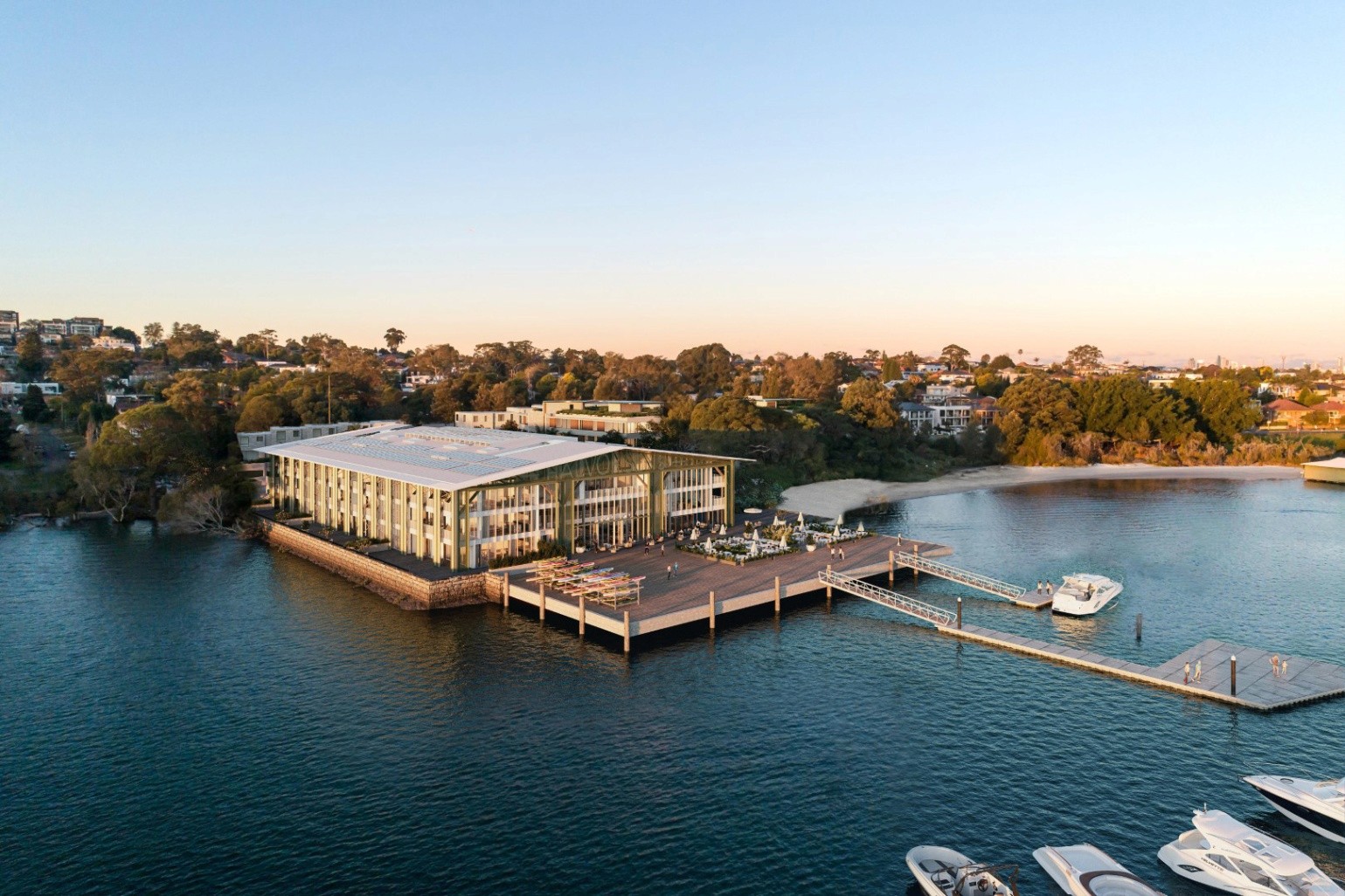 Aerial view of Putney Wharf Precinct showing marina, residences and river surrounds