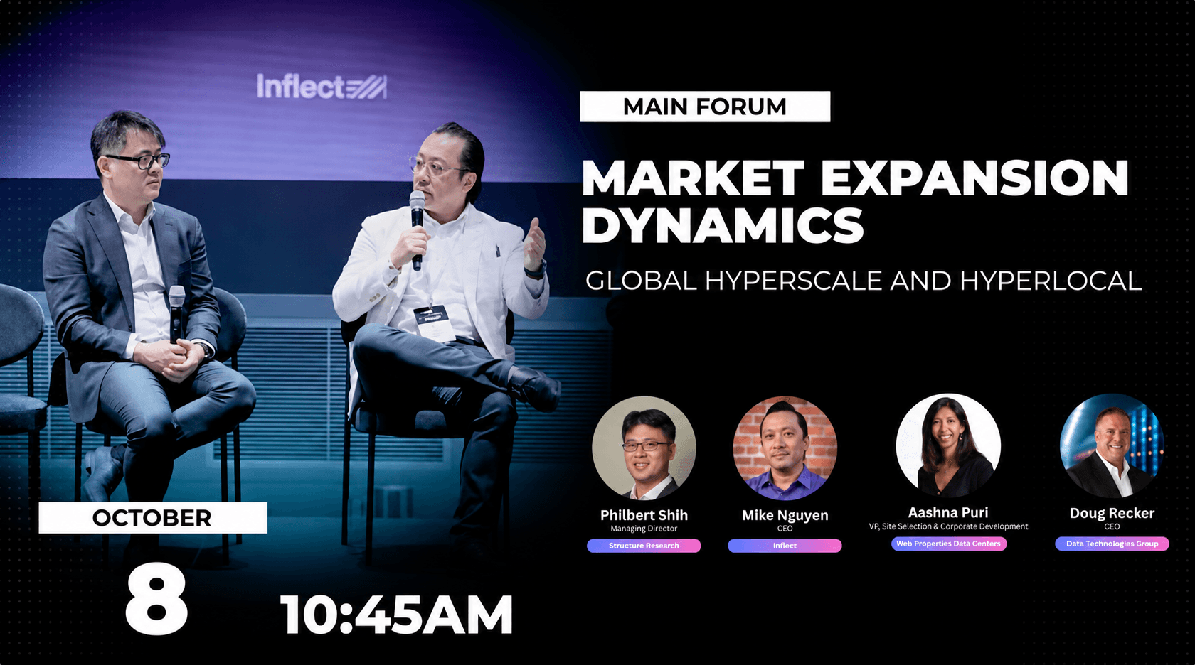 Event promo for "Market Expansion Dynamics: Global Hyperscale and Hyperlocal" panel at the Main Forum, October 8 at 10:45AM. Photo shows two panelists seated on stage in front of an Inflect backdrop, alongside headshots of speakers Philbert Shih (Managing Director, Structure Research), Mike Nguyen (CEO, Inflect), Aashna Puri (VP Site Selection & Corporate Development, Web Properties Data Centers), and Doug Recker (CEO, Data Technologies Group).