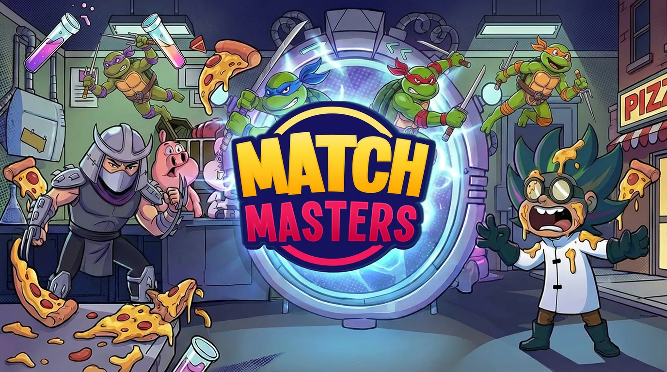 Promotional comic strip illustration for the Match Masters x Nickelodeon collaboration featuring the Teenage Mutant Ninja Turtles (TMNT).