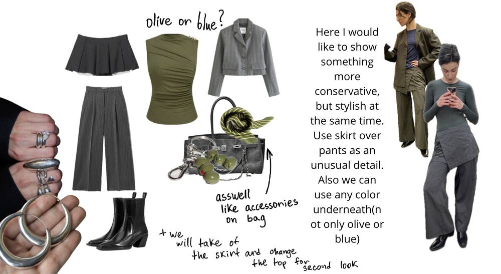 Look 1: grey and olive