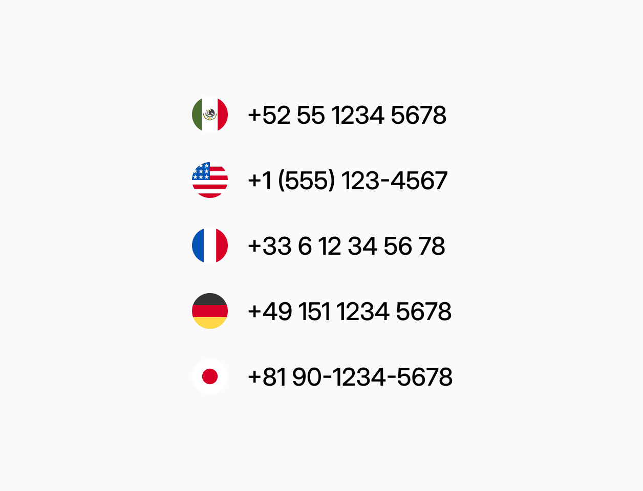 List of international phone numbers with corresponding flags, representing Mexico, the United States, France, Germany, and Japan.