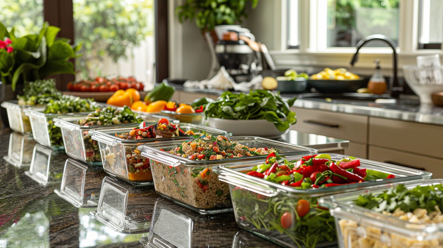 Healthy meal prep service in Houston kitchen with labeled containers, fresh produce, and chef-prepared weekly dishes displayed neatly.
