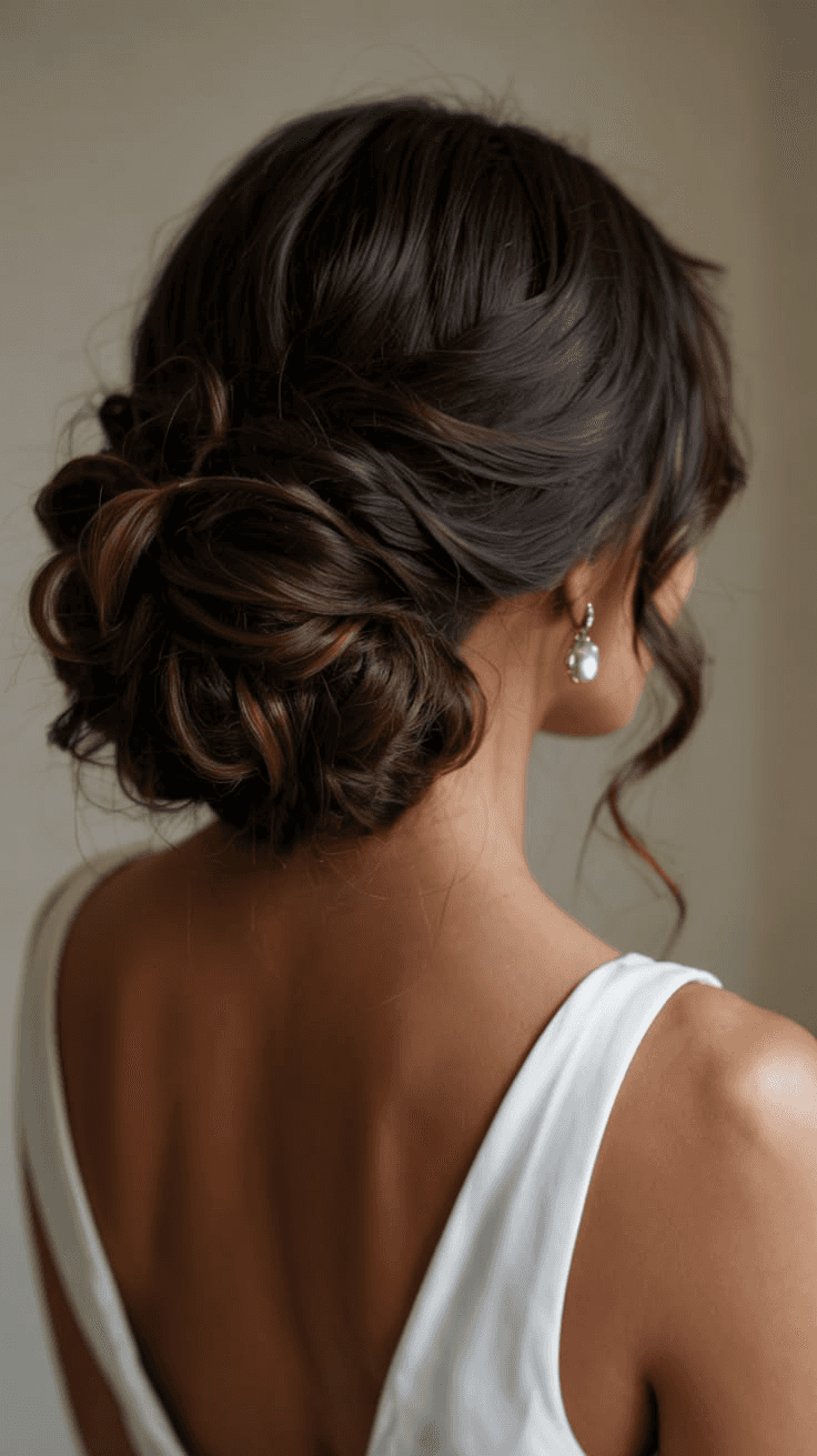 A woman with an elegant updo hairstyle and subtle highlights wears delicate stud earrings, showcasing a graceful look ideal for a jewelry website template.