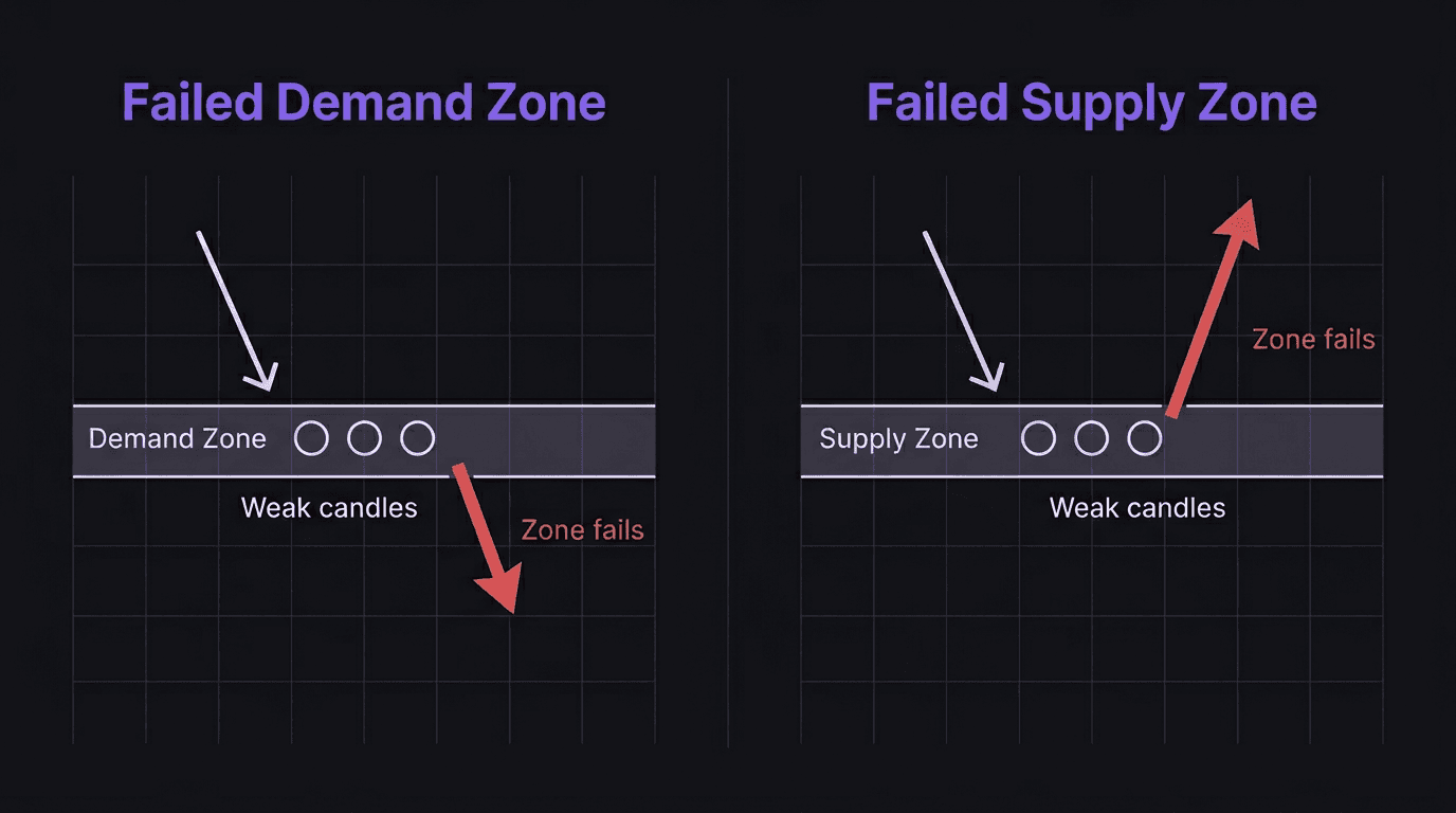 Diagram showing a failed demand zone and a failed supply zone side by side with price action through each
