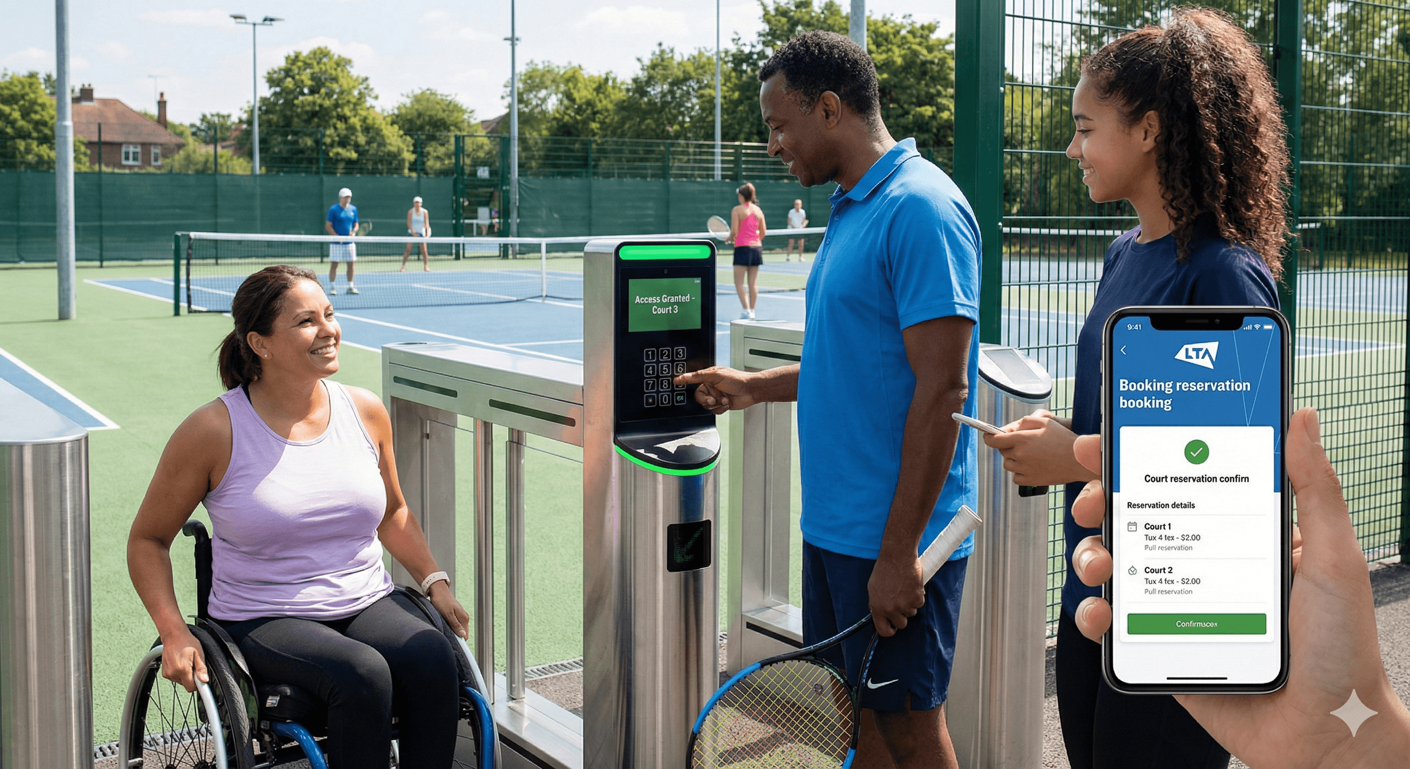 In a lively outdoor tennis court setting, a diverse group of players use their phones for booking reservations at a digital kiosk, highlighting the integration of LTA accessibility tech in sports facilities.