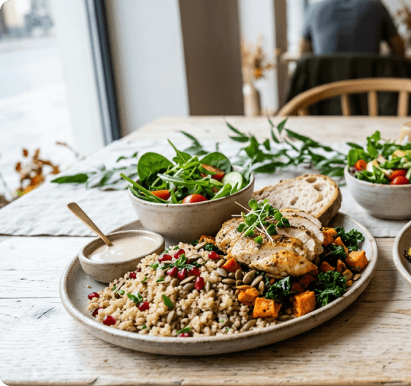Plat de poulet, grains, légumes et salade.