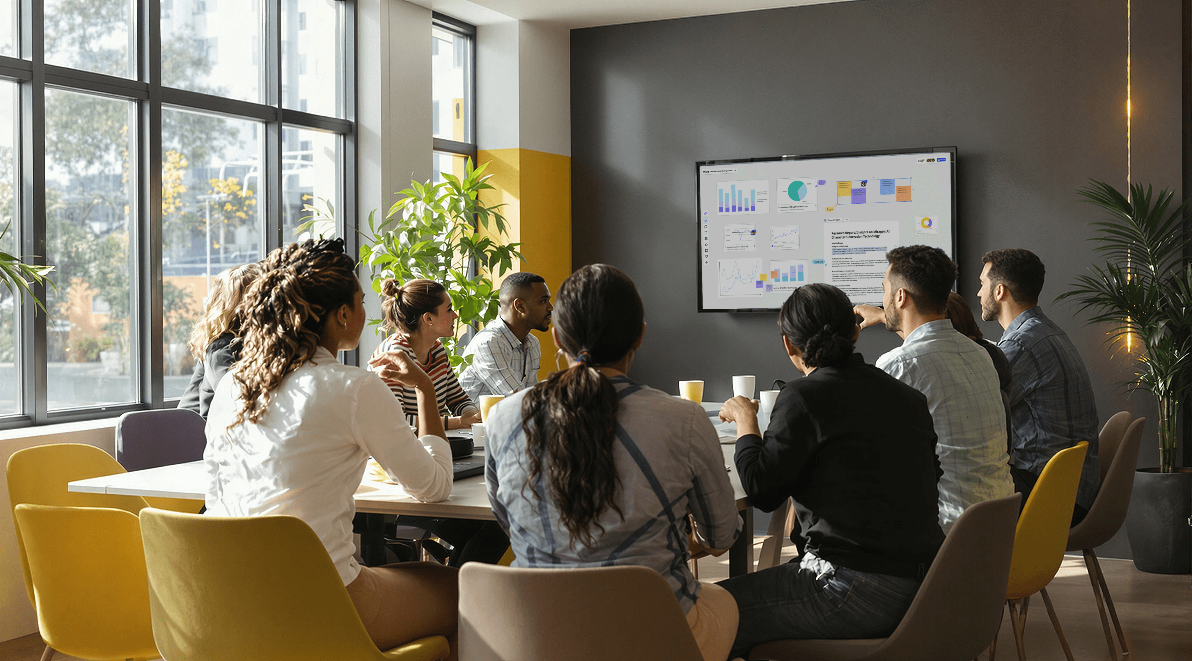 A diverse group of professionals sit around a conference table in a modern office, attentively watching a screen displaying charts and graphs during a business presentation.