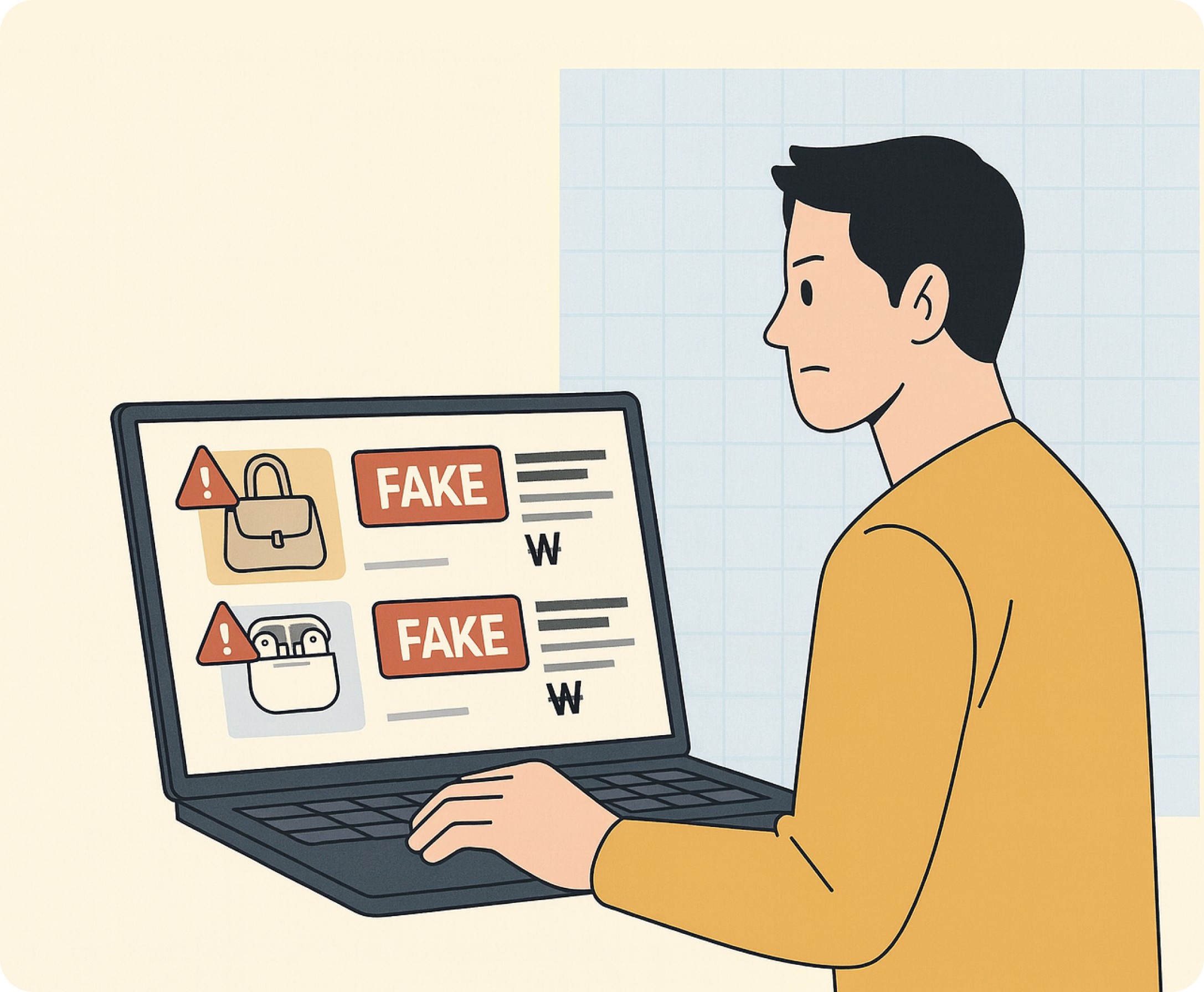 가품 상품을 확인하는 브랜드 담당자의 일러스트 Illustration of a brand manager detecting counterfeit products