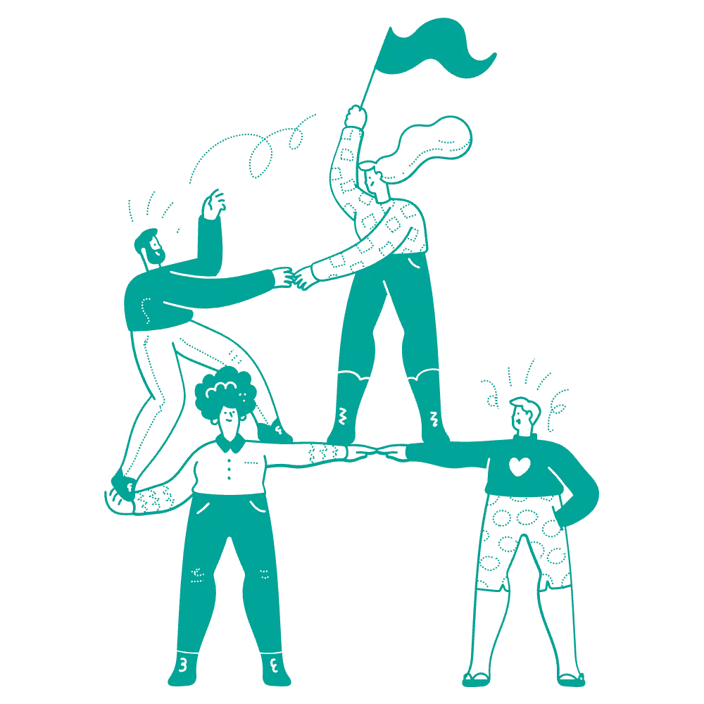 Illustration of team members supporting each other in a human pyramid representing interpersonal connection